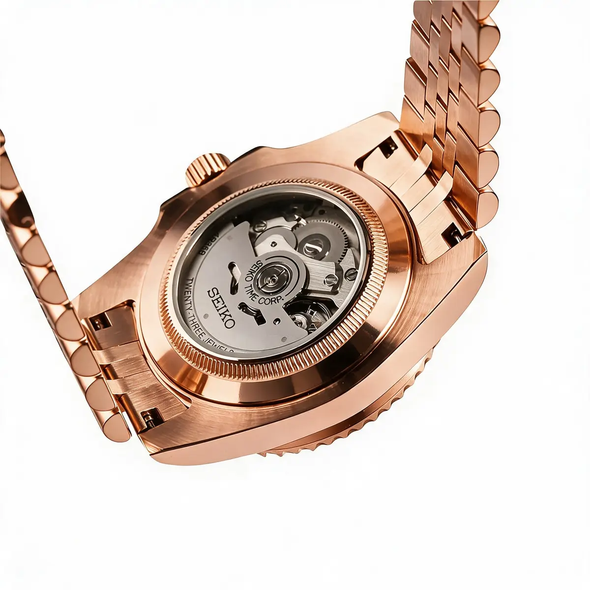Seiko Mod Uhr DATE MOD | Roségold, braunes Zifferblatt mit arabischen Ziffern – Automatik – Gehäuseboden Roségold – MedoMods