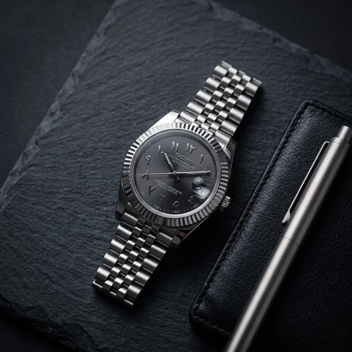 Seiko Mod Uhr DATE MOD CLASSIC MOD – GRAU, ARABISCH – Flatlay auf Schiefer – MedoMods