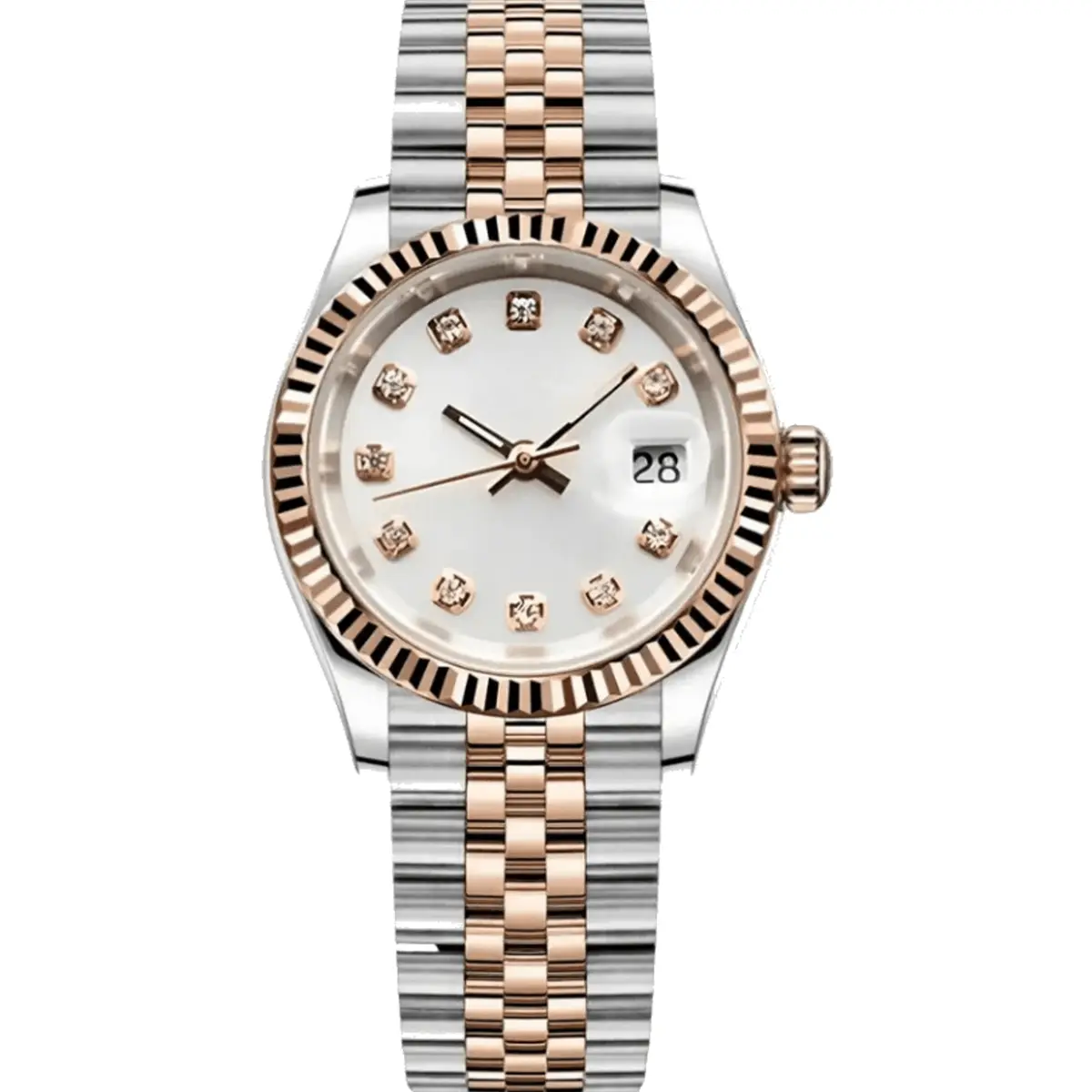 ladies white diamond dial two-tone rose gold and stainless steel Seiko NH35 mod watch on jubilee bracelet, front view