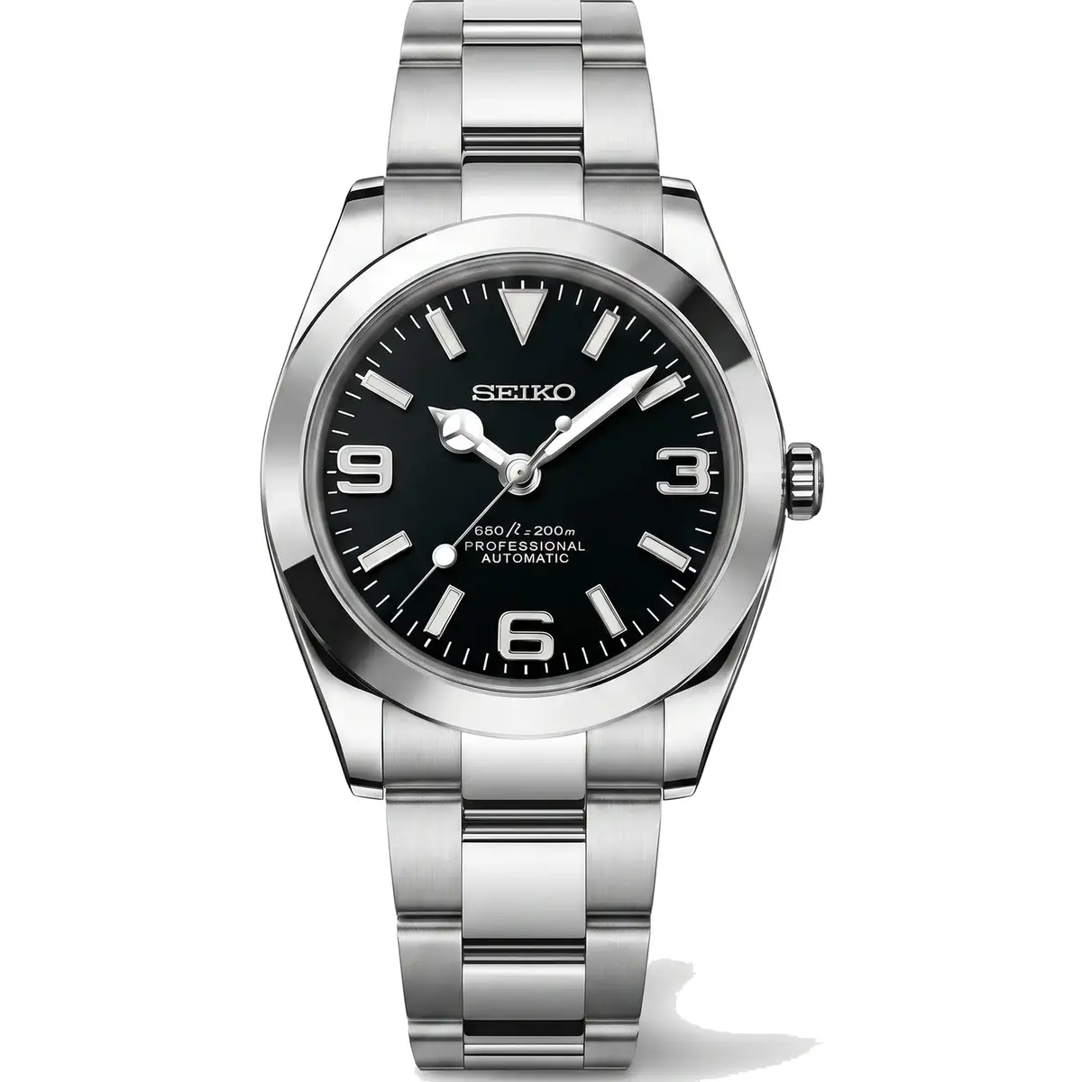 black 3-6-9 dial stainless steel Seiko NH35 mod watch on oyster bracelet, front view