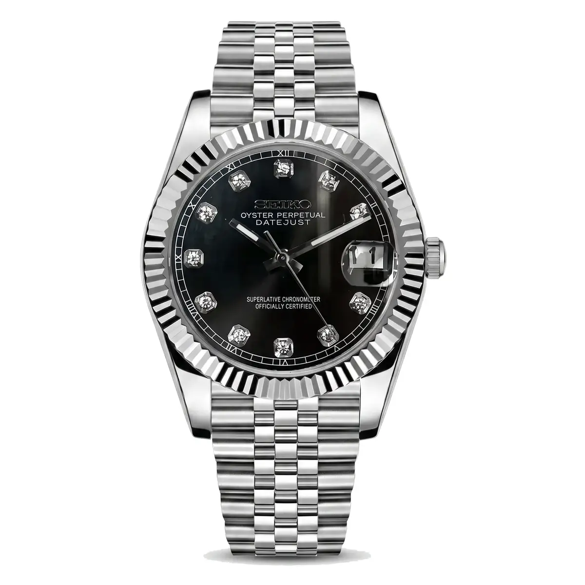 black diamond dial stainless steel Seiko NH35 mod watch on jubilee bracelet, front view