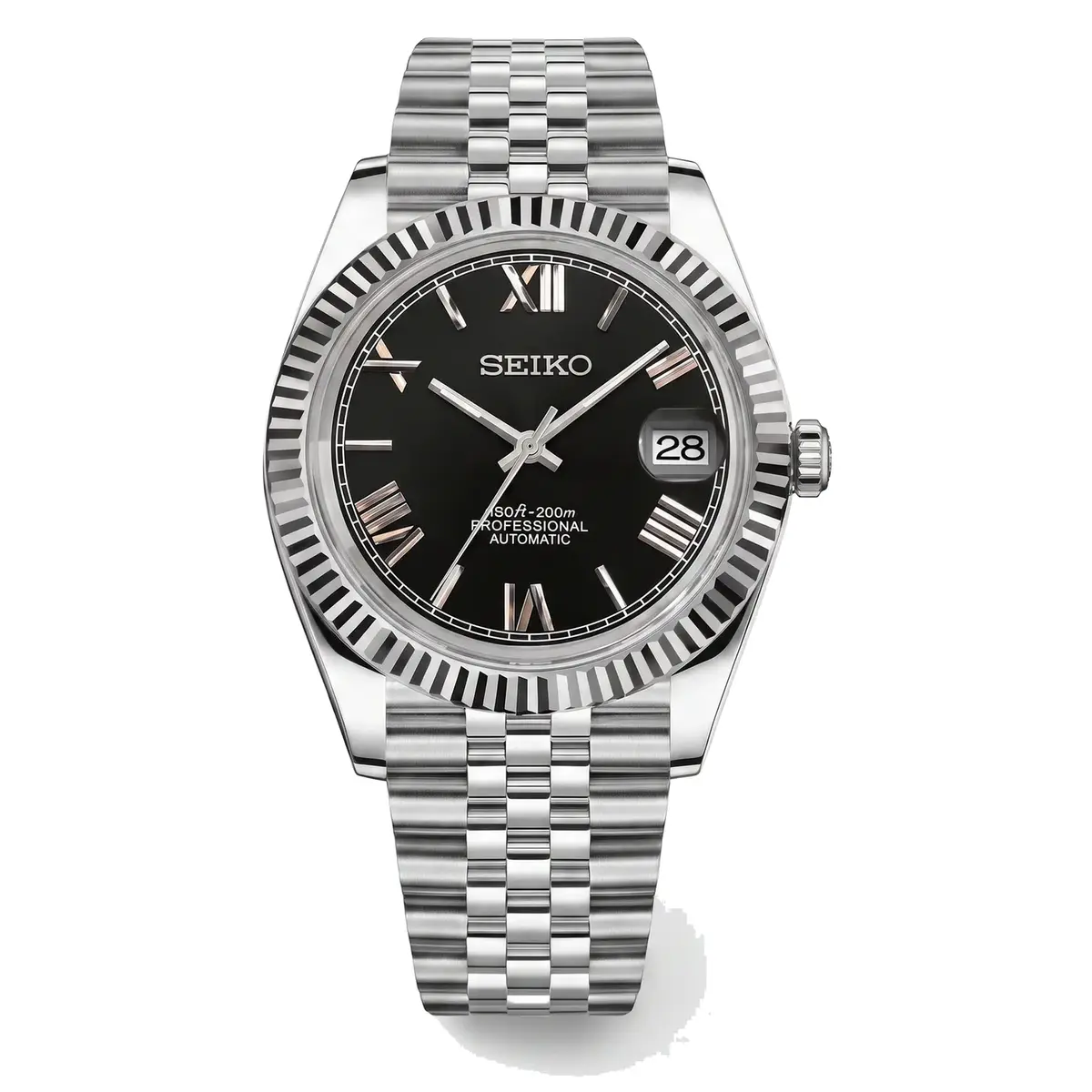 black Roman dial stainless steel Seiko NH35 mod watch on jubilee bracelet, front view on white background