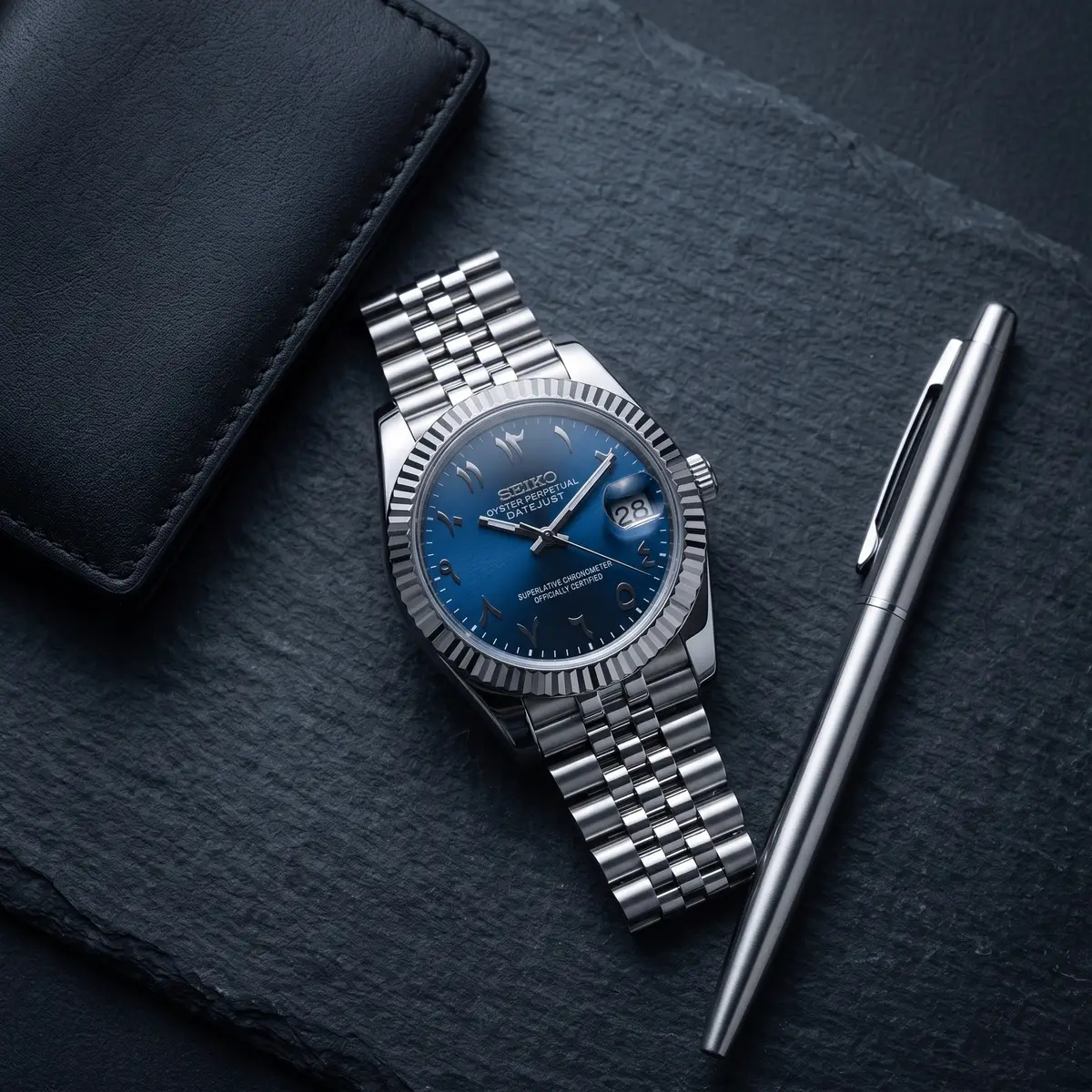 Seiko Mod Uhr DATE MOD | Stahl, blaues Zifferblatt mit arabischen Ziffern – Automatik – Flatlay auf Schiefer – MedoMods