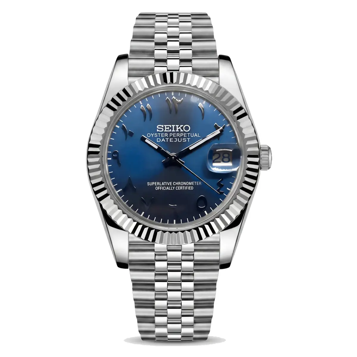 blue Arabic dial stainless steel Seiko NH35 mod watch on jubilee bracelet, front view