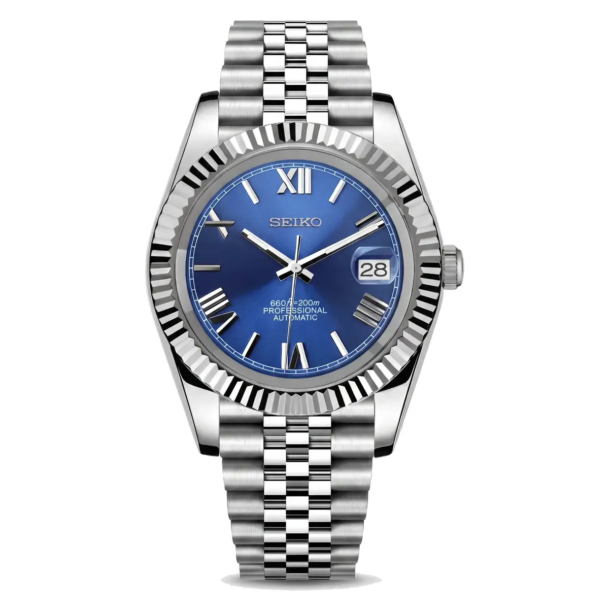 blue Roman dial stainless steel Seiko NH35 mod watch on jubilee bracelet, front view on white background