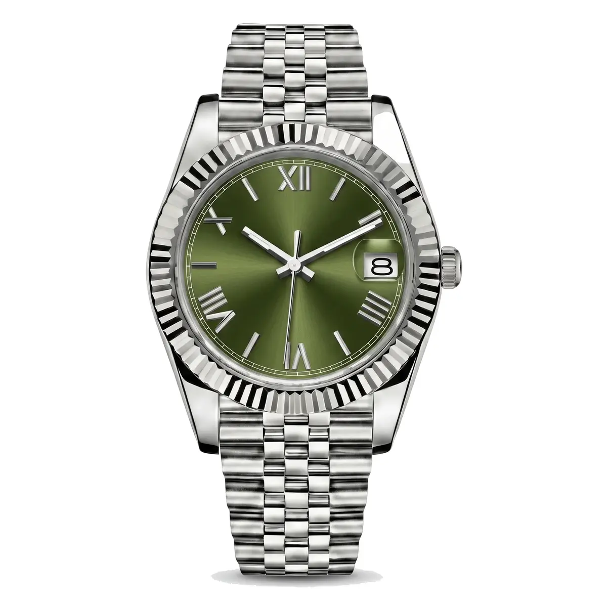 green Roman dial stainless steel Seiko NH35 mod watch on jubilee bracelet, front view on white background