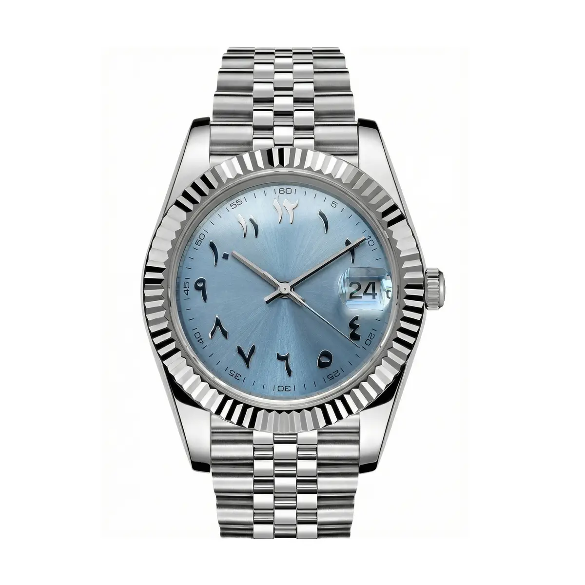 DATE MOD Seiko Mod mit eisblauem Zifferblatt und arabischen Ziffern, geriffelte Lünette, Jubilee-Armband – MedoMods