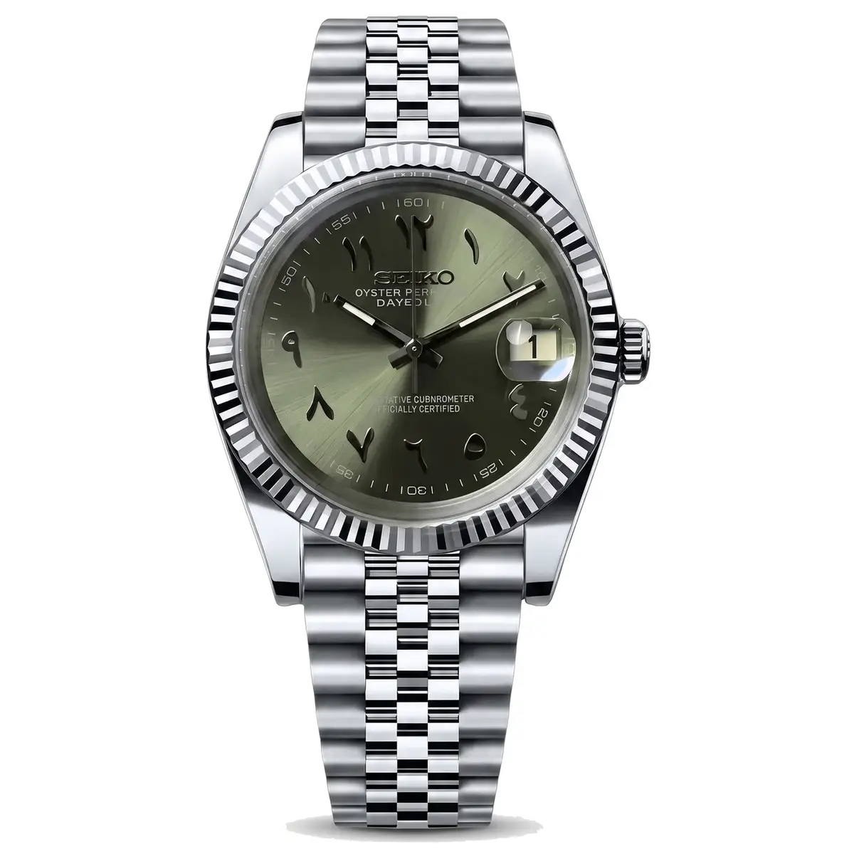 olive green Arabic dial stainless steel Seiko NH35 mod watch on jubilee bracelet, front view