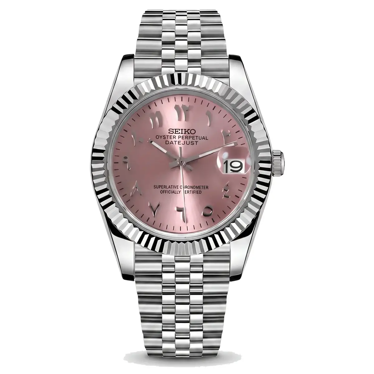 pink Arabic dial stainless steel Seiko NH35 mod watch on jubilee bracelet, front view