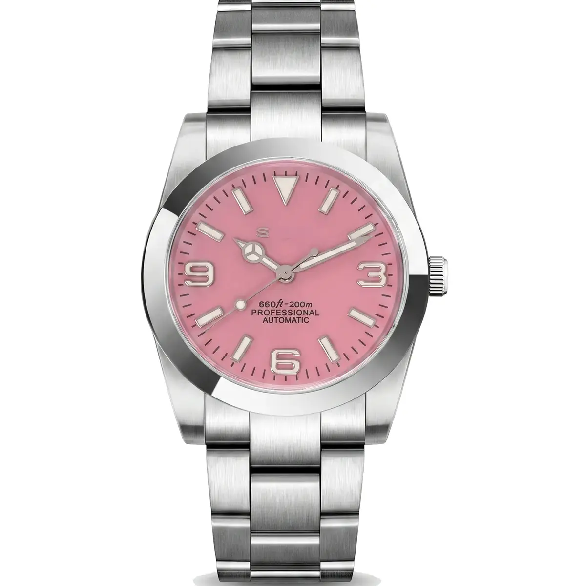 Custom Seiko mod watch with pink Explorer dial and stainless steel bracelet – MedoMods