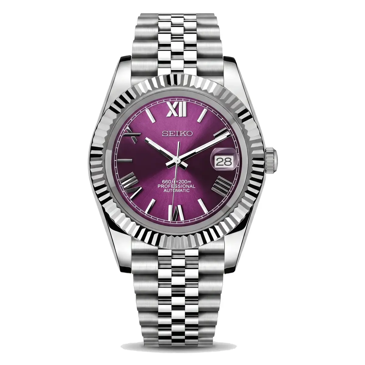 purple Roman dial stainless steel Seiko NH35 mod watch on jubilee bracelet, front view