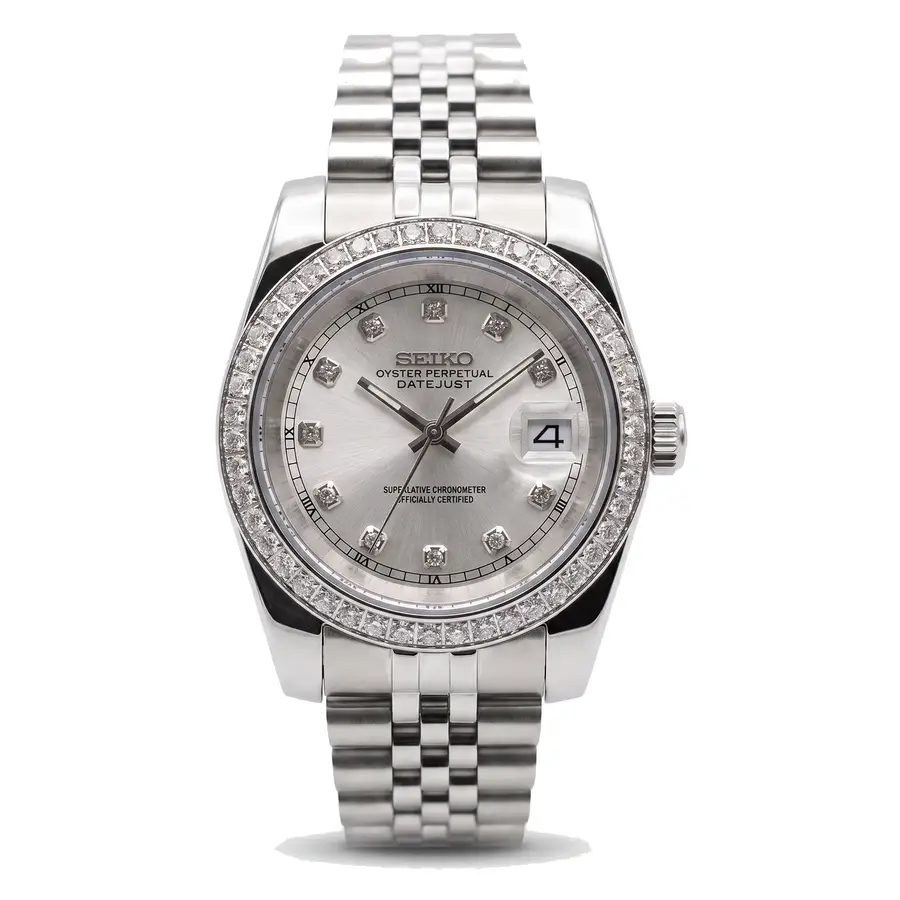 DATE MOD | Stahl, silbernes Zifferblatt mit Diamanten – Automatikwerk