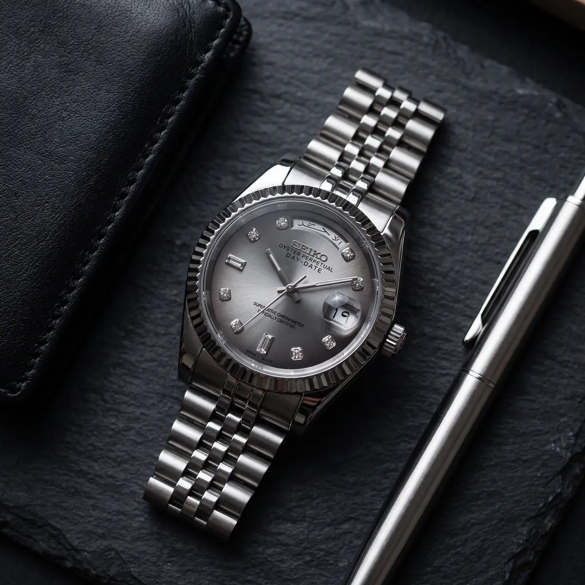 Seiko Mod Uhr DAY MOD – Graues arabisches Tagesrad •⁠ Automatik – Flatlay auf Schiefer – MedoMods