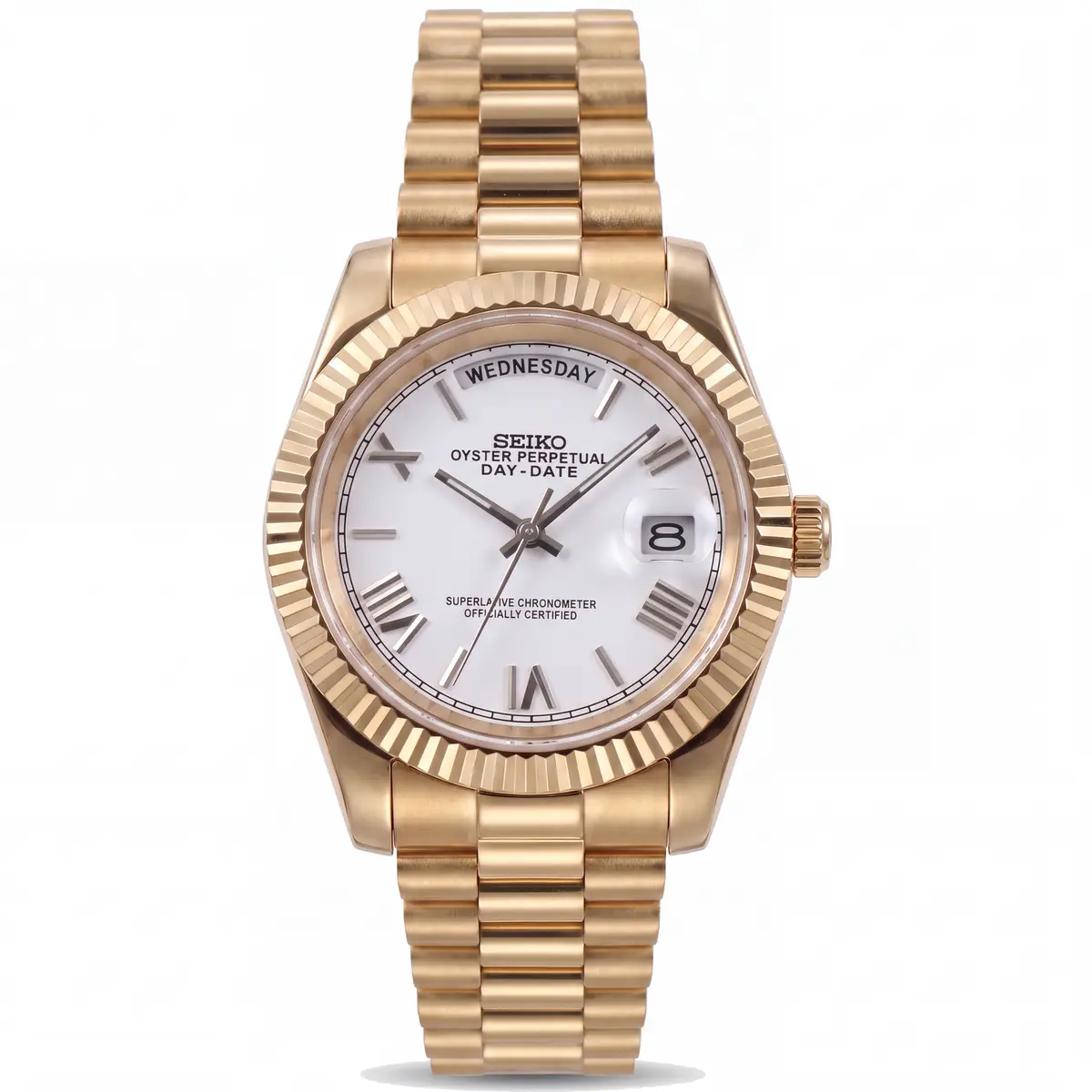 Seiko mod day date white Roman dial gold tone fluted bezel President bracelet NH35 automatic watch