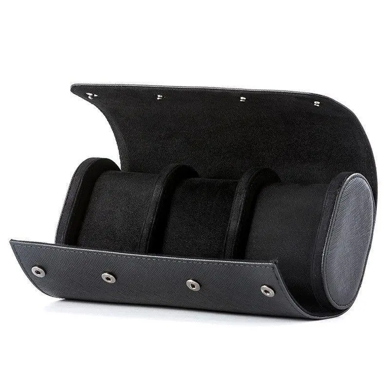 watch travel case black leather single watch roll side view compact storage pouch