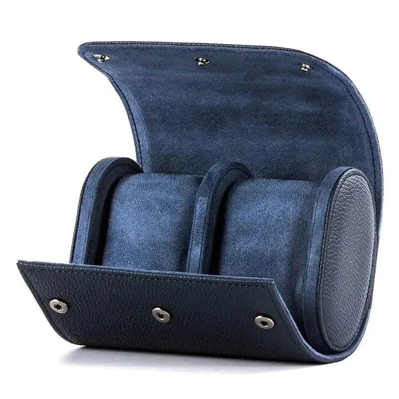 watch travel case blue leather 2-roll double watch pouch open with padded interior