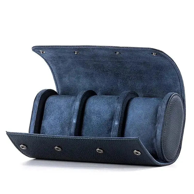 watch travel case blue leather 3-roll triple watch pouch open with soft padded rolls