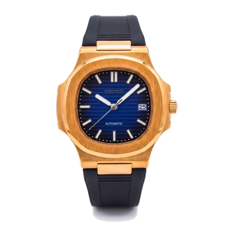 NAUT MOD | Roségold-Gehäuse, blaues Zifferblatt, schwarzes Kautschukarmband – Automatik