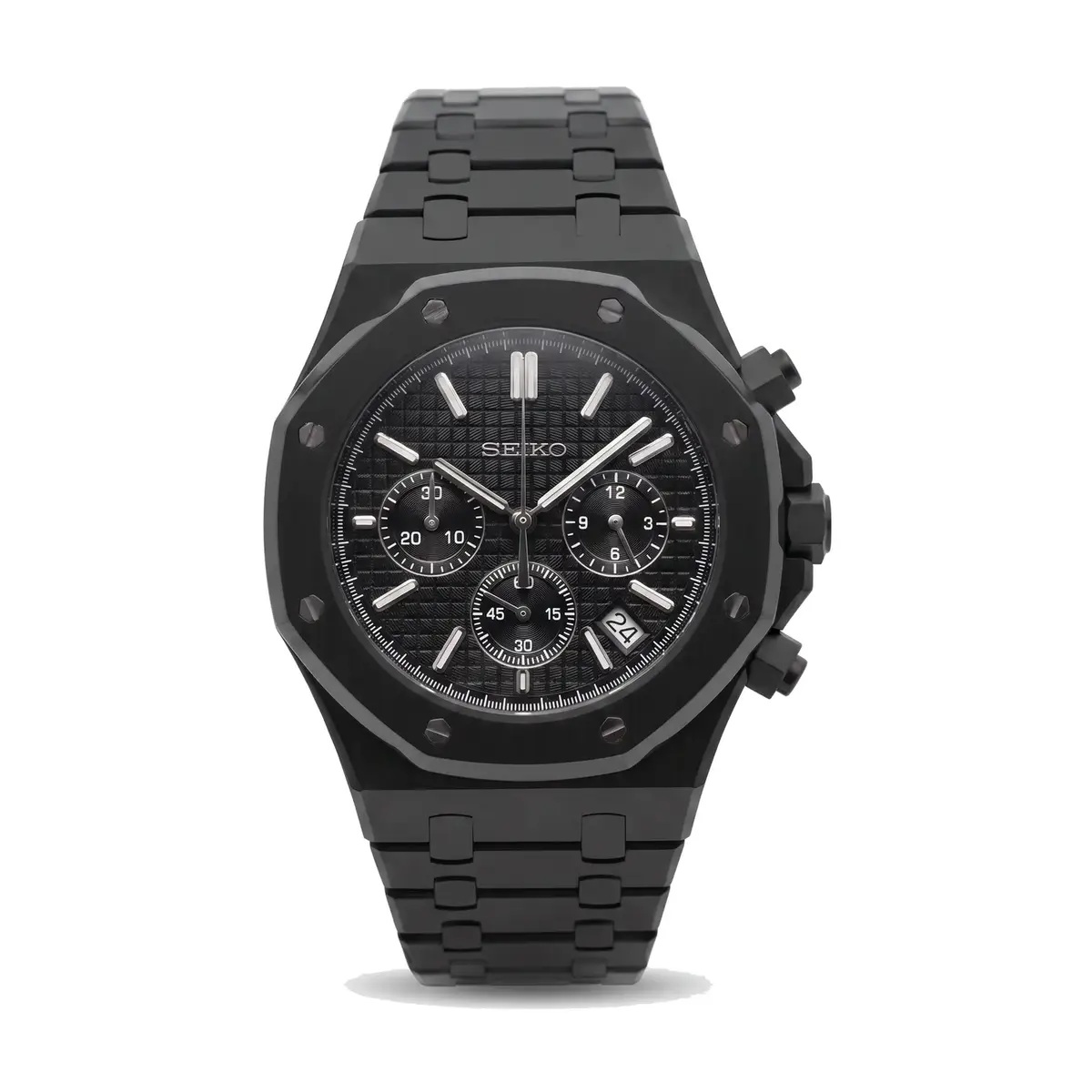 seiko mod royal oak chronograph full black VK63 quartz textured black dial integrated bracelet