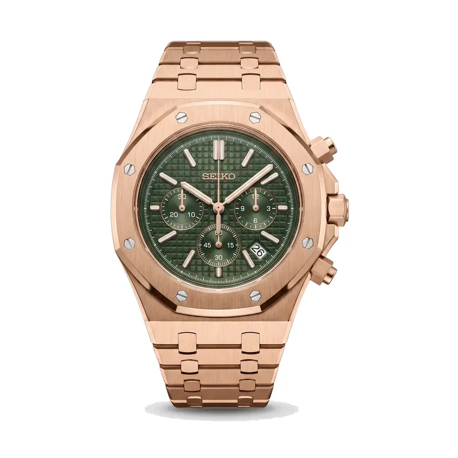 OAK MOD | Chronographen-Design – Roségoldfarben – Grünes Zifferblatt