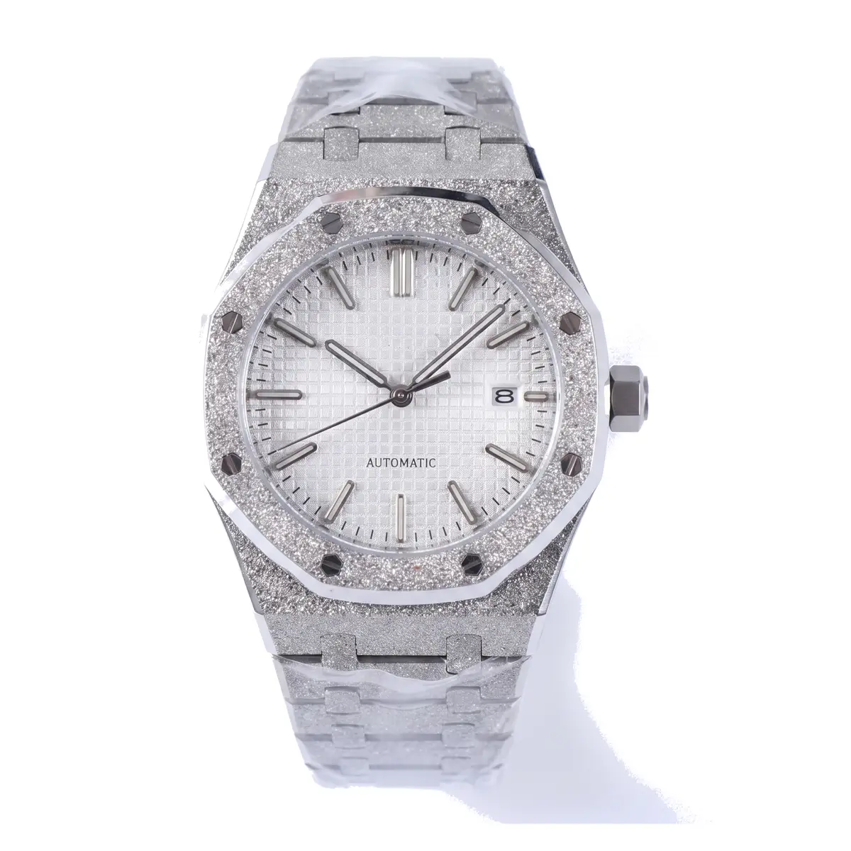 seiko mod royal oak style silver textured dial iced bezel NH35 automatic stainless steel bracelet