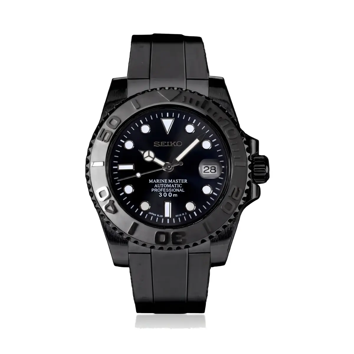 Seiko Mod Uhr Seikomariner – All Black PvD-Gehäuse – Kautschukarmband – MedoMods