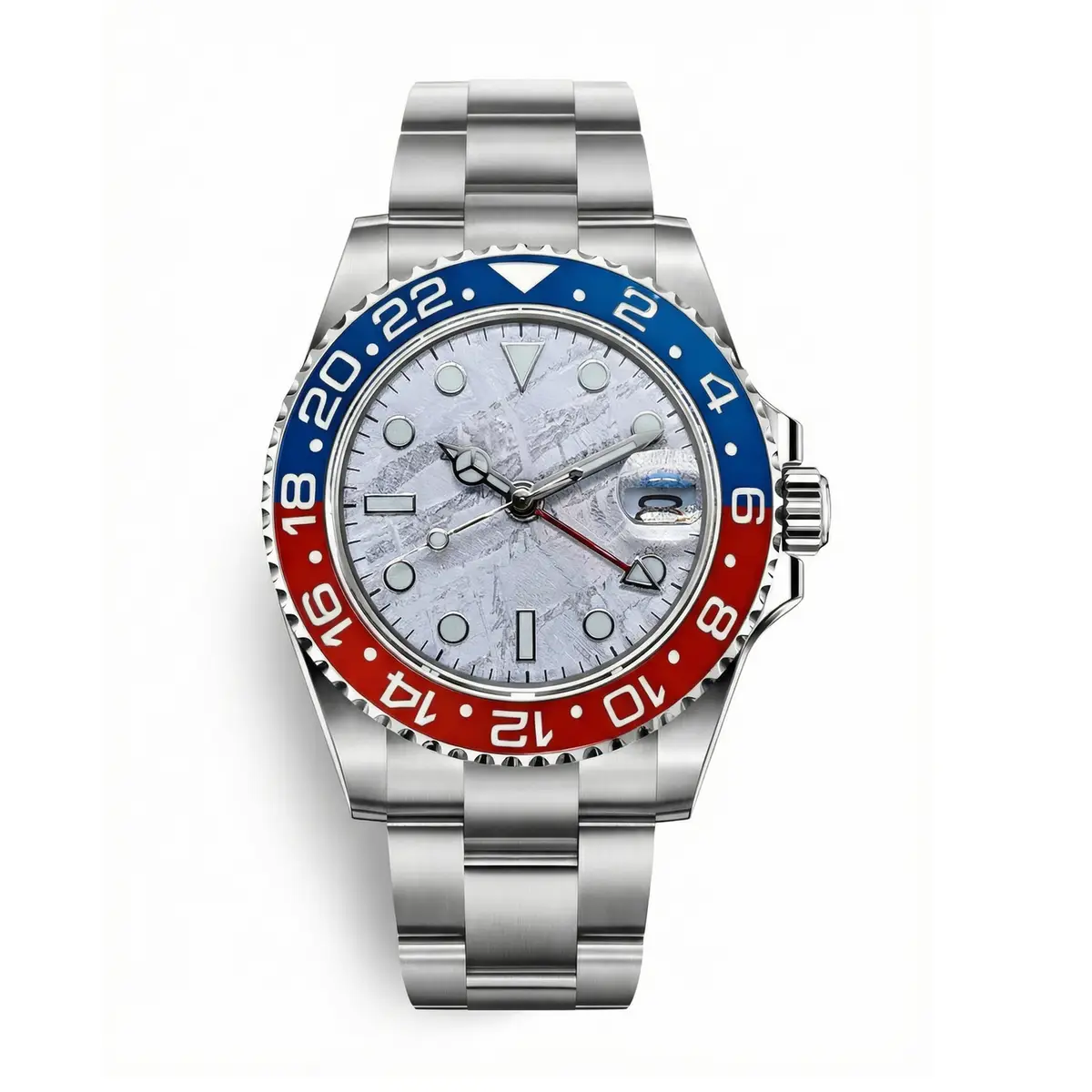 GMT MOD mit Pepsi-Lünette in Blau/Rot und Meteorit-Zifferblatt, Oyster-Armband – MedoMods
