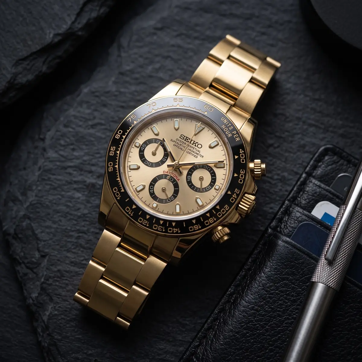 Seiko Mod Uhr TONA MOD – GOLDIE – Flatlay auf Schiefer – MedoMods