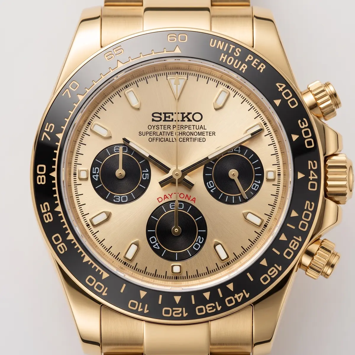 Seiko Mod Uhr TONA MOD – GOLDIE – Zifferblatt Nahaufnahme – MedoMods