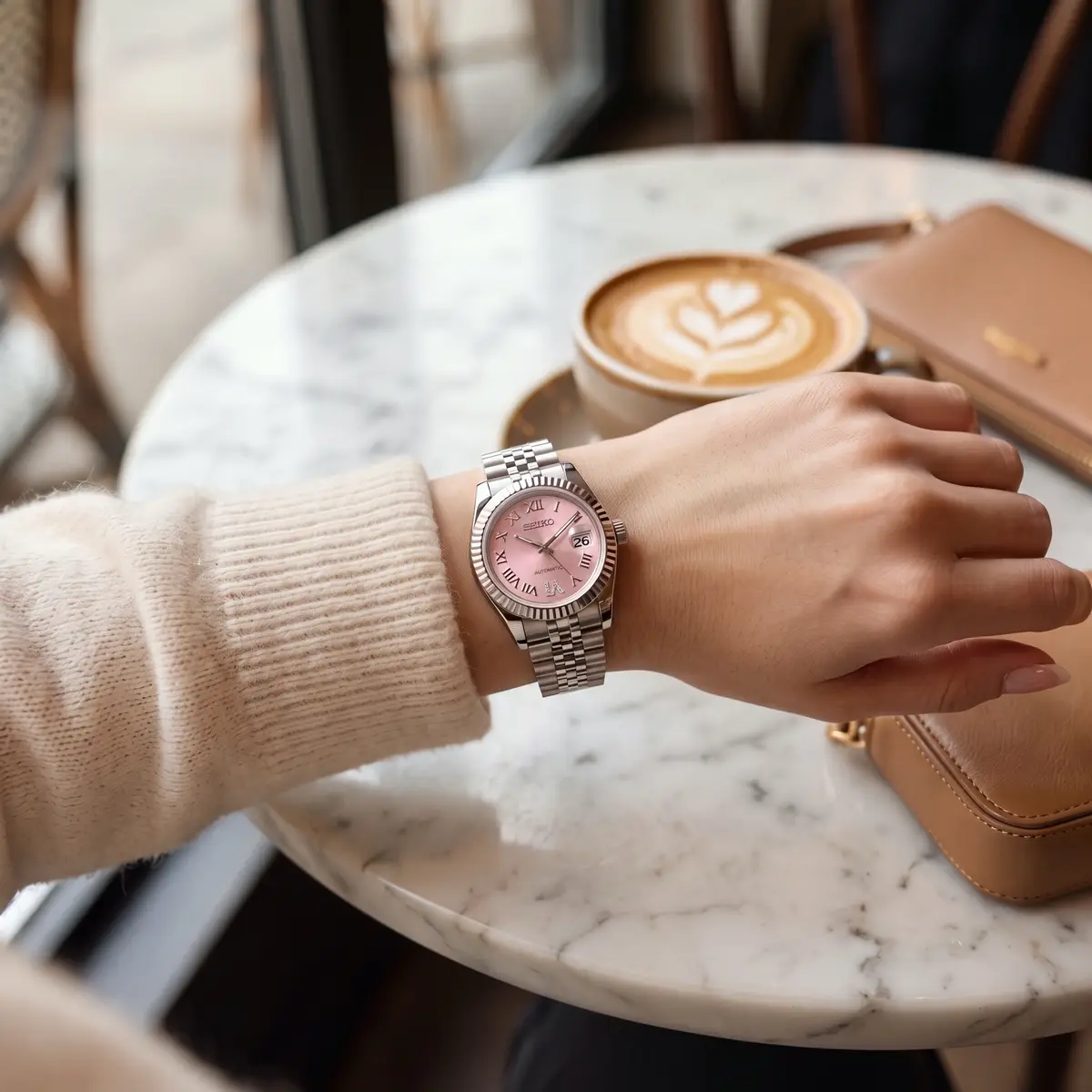 Seiko Mod Uhr DAMEN – PINK GLIMMER – am Handgelenk – Wristshot – MedoMods